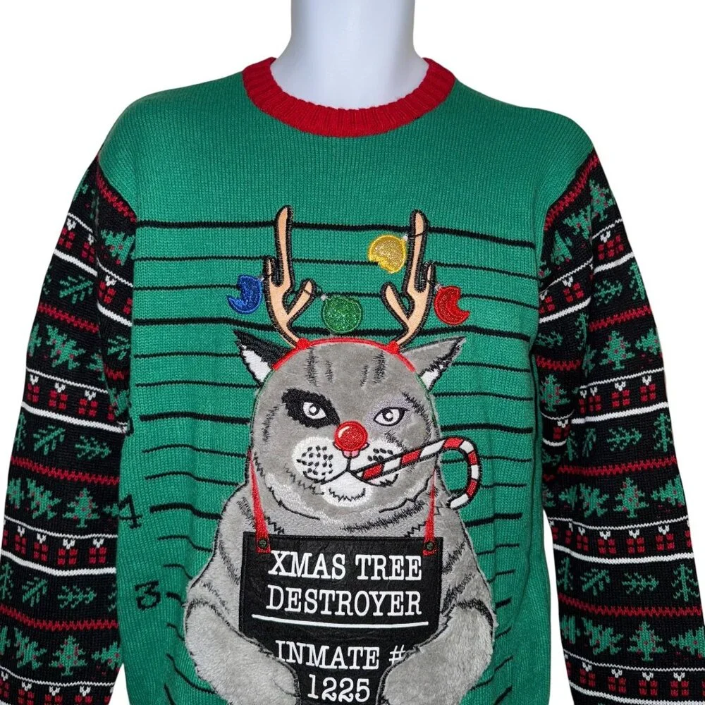 NWT Blizzard Bay Cat Inmate Sweater Mens M Christmas Holiday Tree Destroyer - Picture 2 of 9